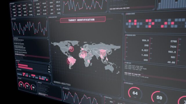 Animated geodata analytics dashboard on tilted screen with shallow depth of field, world map target rings and tracking data, sci fi control room closeup