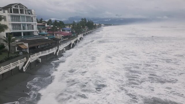 Rare Aerial Footage Of Storm Surge Wave Crashing Ashore And Flooding Waterfront