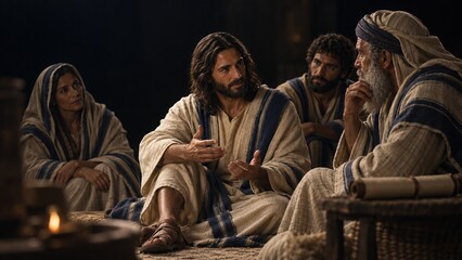 Obraz premium Jesus Christ speaks to followers, gesturing with hands during a discussion. They are seated in traditional ancient attire within a dimly lit setting.