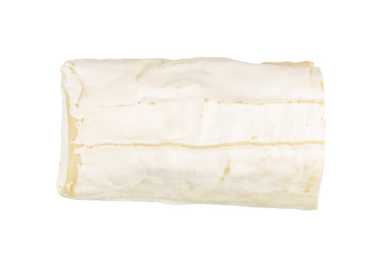 White cylindrical block of cheese with a smooth surface and slight imperfections, isolated on a white background for culinary and food photography use