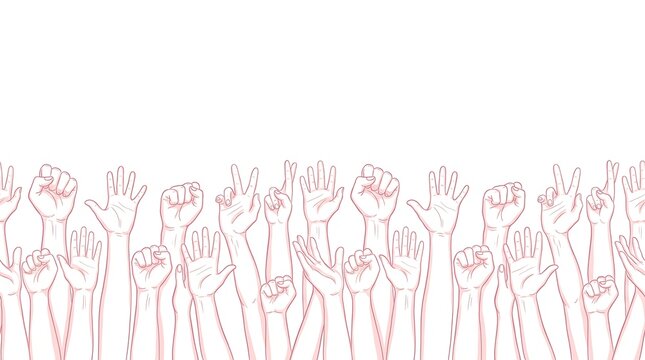 Many raised hands showing various gestures like peace signs and clenched fists on white background with positions