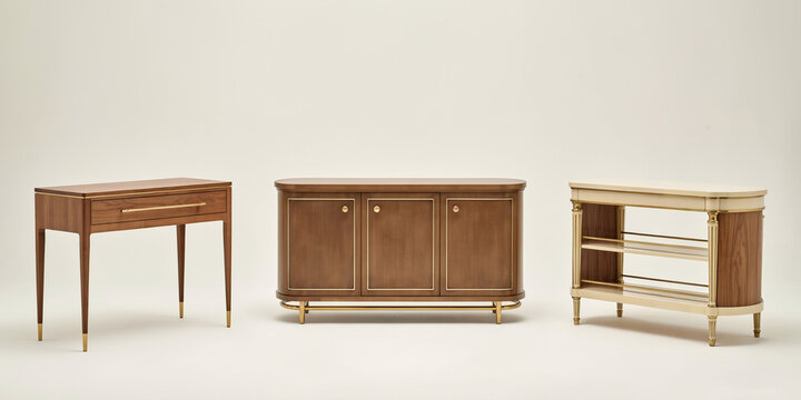 Three wooden sideboards and consoles with brass accents on a plain white background
