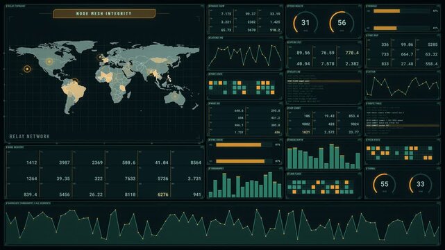 Animated node mesh network dashboard with world map relay topology, packet flow, latency charts and throughput graphs, server monitoring screen loop
