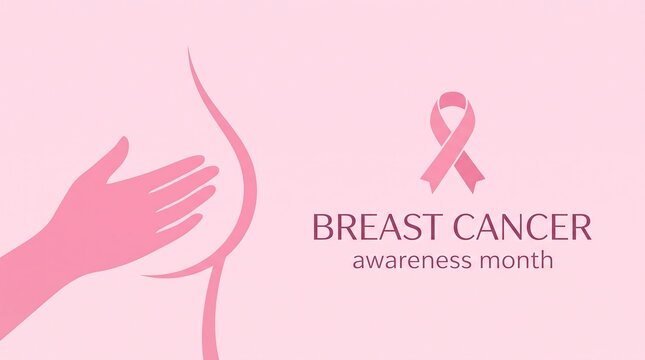 Pink ribbon symbol with hand illustration representing self examination for health awareness month campaign