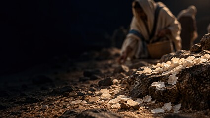 Obraz premium Man gathering manna in desert wilderness at dawn. White bread flakes lie on stones and sand while robed figure collects food into basket.