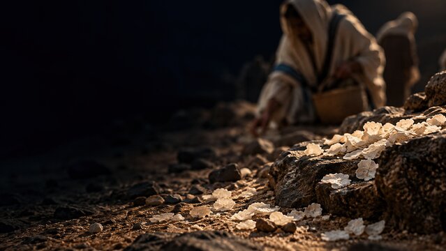 Man gathering manna in desert wilderness at dawn. White bread flakes lie on stones and sand while robed figure collects food into basket.