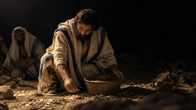 Man in biblical robe collecting manna from desert ground into wicker basket. Gathering bread from heaven in wilderness as another man sits nearby.
