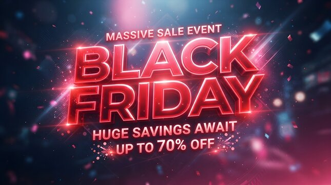 Black Friday promotional banner featuring bold glowing red three dimensional typography with vibrant light effects and floating confetti elements on a dark and moody background