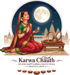 Naklejka premium Happy Karwa Chauth 2026 Greeting Card Design Featuring a Traditional Indian Woman Performing Moon Ritual with Puja Thali Isolated on White Background