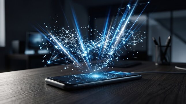 Smartphone on wooden desk emitting glowing blue digital network connections and data particles, representing mobile technology, 5G, internet connectivity, and big data.