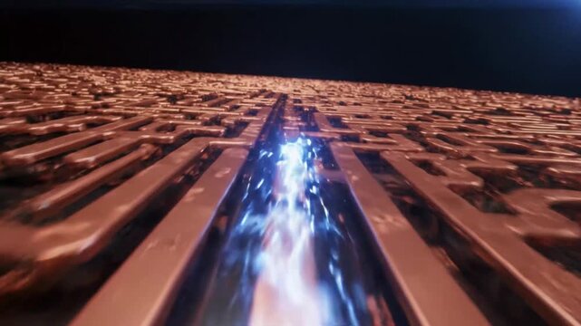 Abstract digital maze with a glowing blue energy path running through the center.