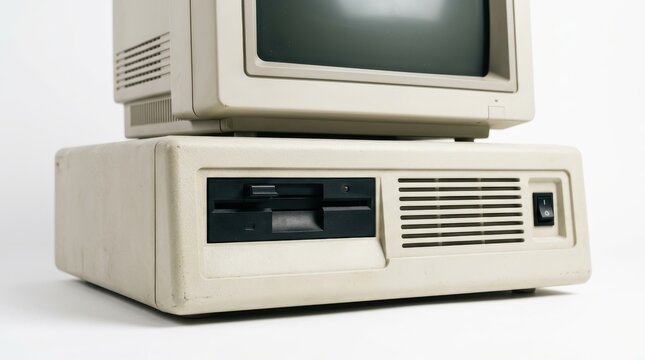 Vintage personal computer with monitor and floppy drive on white