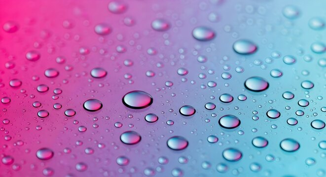 Pink and blue water droplet texture background with glossy liquid drops and colorful gradient surface, perfect for beauty products, skincare branding, modern design, wallpapers, advertising
