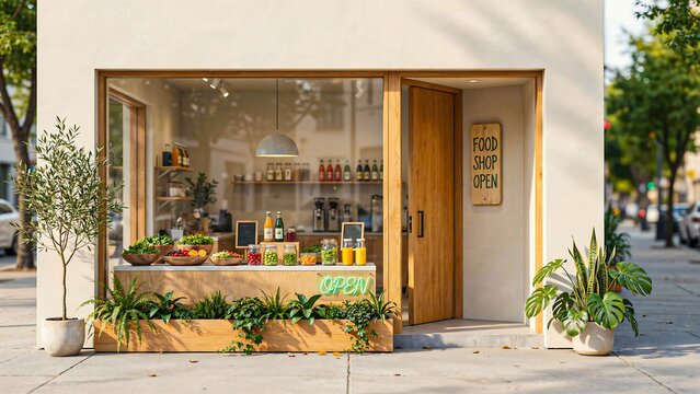 Modern food shop storefront with glass display window, fresh products, open sign and lush potted plants in an elegant urban setting
