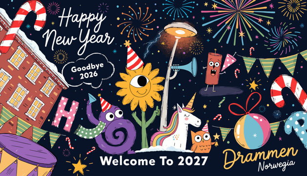 Happy New Year 2027 Celebration With Cute Characters and Fireworks