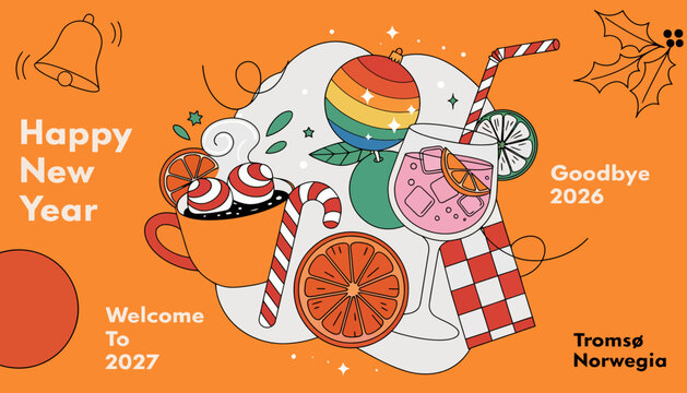 Happy New Year 2027 Citrus Cocktail & Christmas Decoration Orange Background
