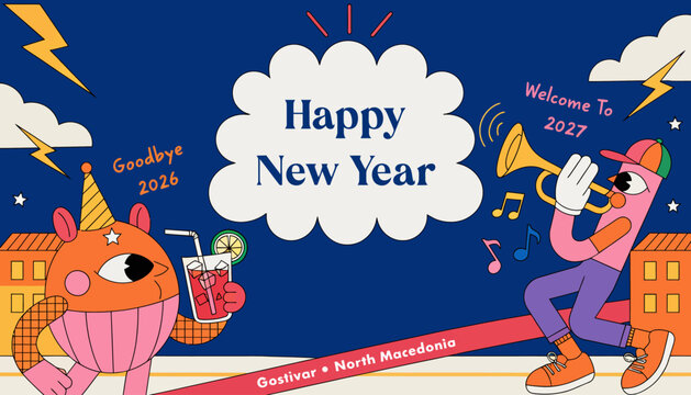 Happy New Year 2027 Celebration with Fun Characters and Festivities