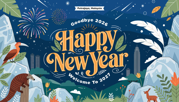 Happy New Year 2027 Countdown with Fireworks and Wildlife, Malaysia