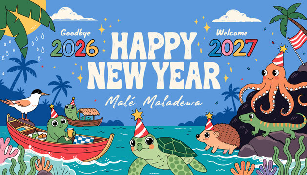 Happy New Year 2027 Tropical Beach Party with Cute Animals