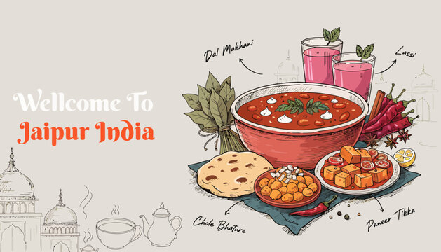 Jaipur India Food & Culture Illustration with Indian Cuisine