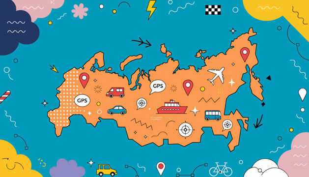 Map of Russia with transportation icons and travel elements