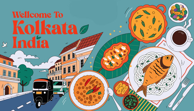 Kolkata Food and Street Scene Collage, India Travel Lifestyle Illustration