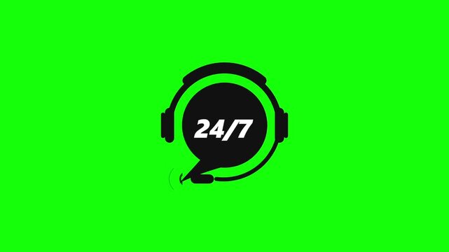 247 customer support headset icons set with speech bubble animation against bright green screen background for digital communication service professional assistance solutions