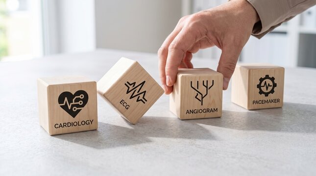 A hand arranging wooden cubes with cardiology and medical icons on a light textured surface