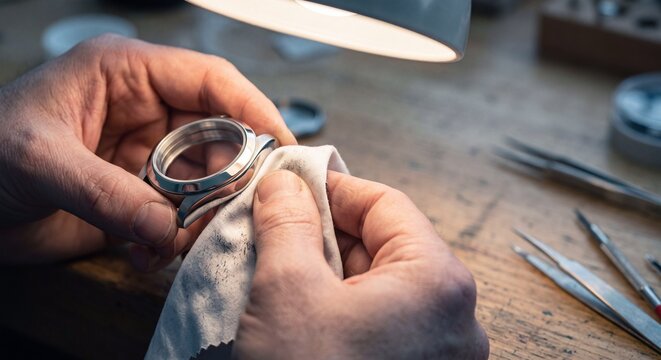 Watchmaker polishing stainless steel watch case in workshop