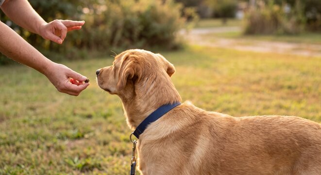 golden retriever dog training with treat in park