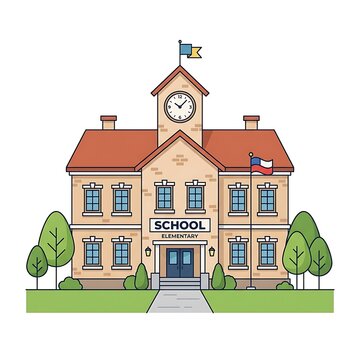 Cartoon illustration of an elementary school building with clock tower and green trees on a white background