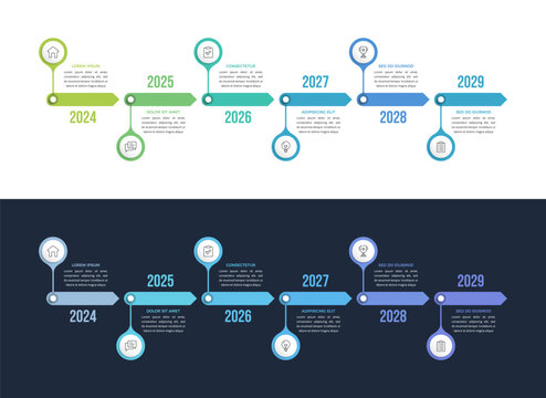 Six step timeline infographic template arranged in a horizontal line connected by arrows. 6 steps process flow chart or diagram for business milestones. Vector illustration