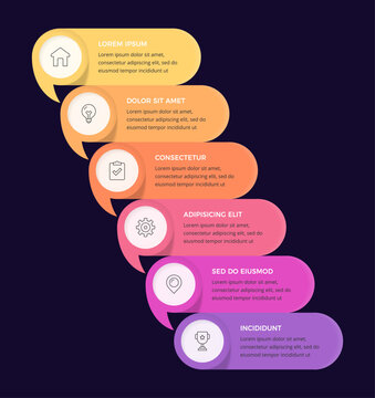 Infographic template featuring six vertically arranged speech bubble shaped banners on a dark background