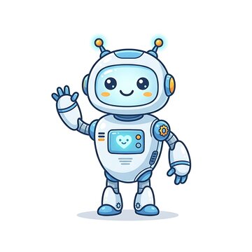 Cute little friendly robot character waving hello with a digital heart screen