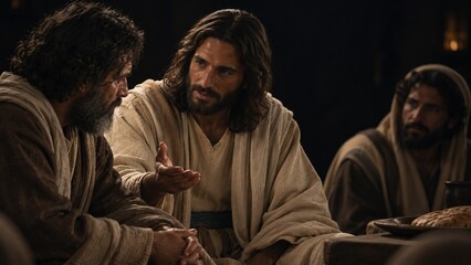 Obraz premium Jesus talking with disciple at table with bread in dark room. Men in biblical robes listen to words of eternal life. Bread of life concept for church sermon and Bible study.