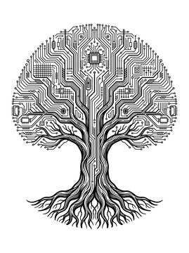 Digital circuit tree illustration with computer hardware components and integrated wiring design on white background