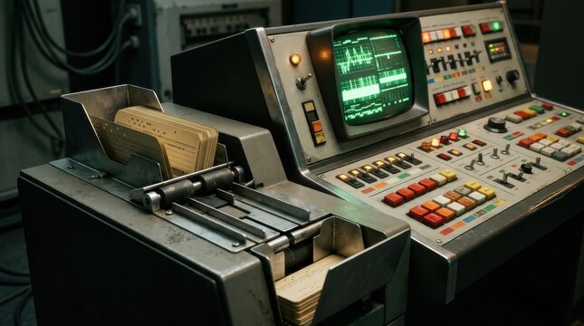 Retro computer terminal with punch card reader and CRT monitor
