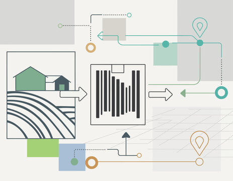Agricultural supply chain tracking infographic with farm and barcode.