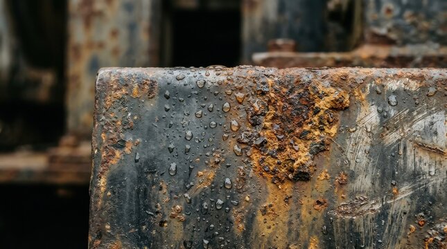 Close up shot of heavy industrial rusty metal structure covered with morning raindrops displaying weathered textures and corrosion patterns