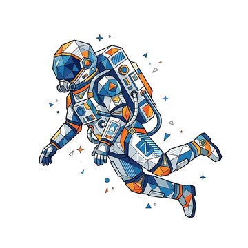 Geometric lowpoly astronaut floating in outer space isolated on white background