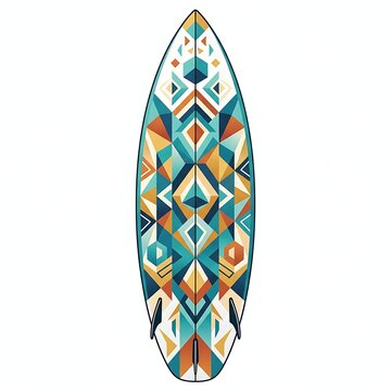 Isolated surfboard with geometric colorful tribal pattern design for summer water sports and beach vacation activity