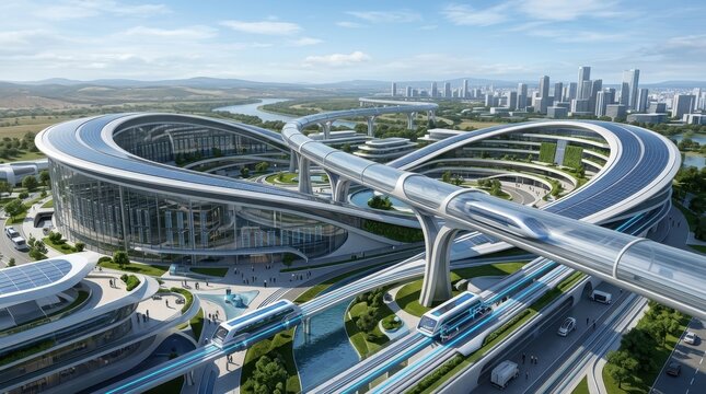 Futuristic modern mega city with elevated tubes and monorails