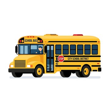 Isolated yellow school bus with a driver side view flat vector illustration