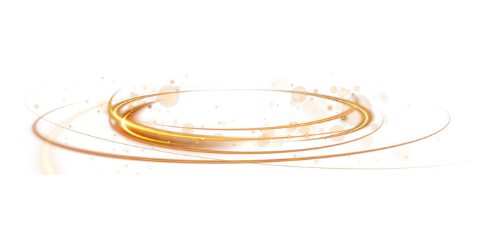 Golden glowing light trails on white background, abstract magic swirl of gold sparkles, luminous circular motion effect for luxury branding