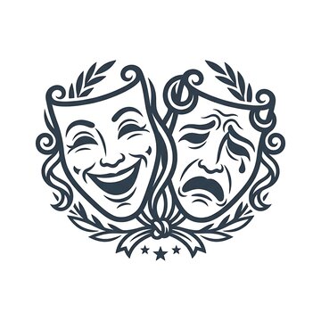 Theatrical masks of comedy and tragedy featuring happy and sad expressions in a decorative floral frame design