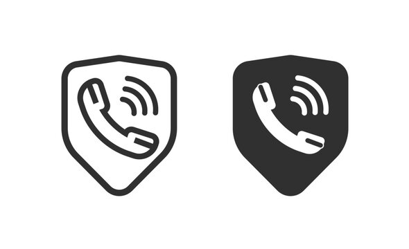 Phone call shield protection security icon set solid bold and line stroke outline style graphics, telephone operator safety guard service logo pictogram, privacy trust&nbsp;defense technology clip art