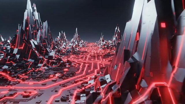 Futuristic alien landscape with glowing red circuit board patterns and jagged metallic mountain peaks.