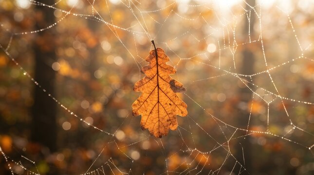A single golden autumn oak leaf caught in a delicate spider web covered with morning dew drops in a softfocus forest