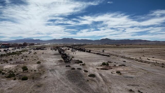 Aerial drone footage of Uyuni Train Cemetery, Bolivia, 4k footage 