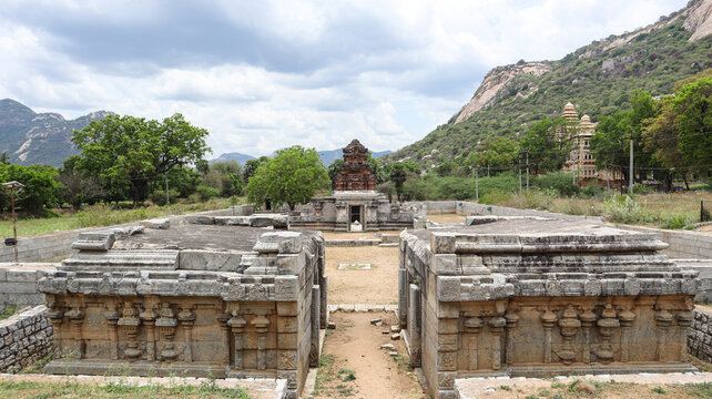 Ancient Dravidian stone temple ruins inside Chandragiri Fort near Tirupati, Andhra Pradesh, India.